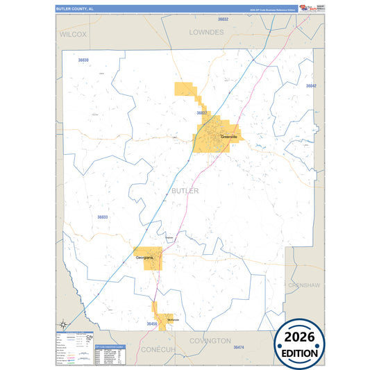Butler County, AL Business Reference 5 Digit ZIP Code Wall Map