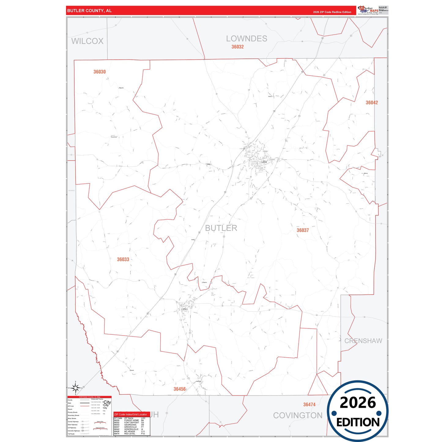Butler County, AL Red Line 5 Digit ZIP Code Wall Map
