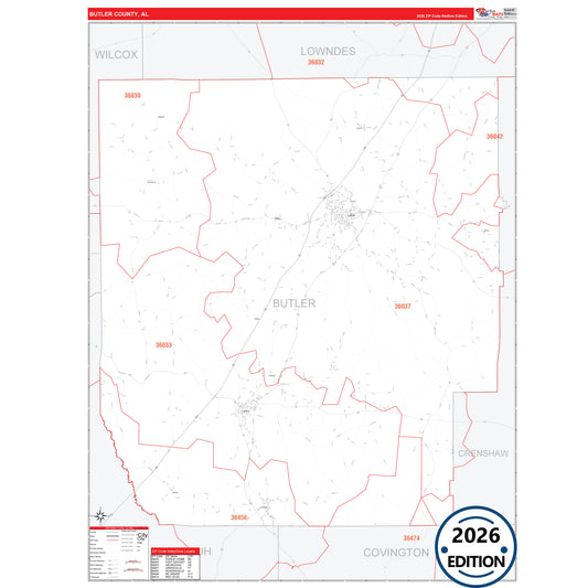 Butler County, AL Red Line 5 Digit ZIP Code Wall Map
