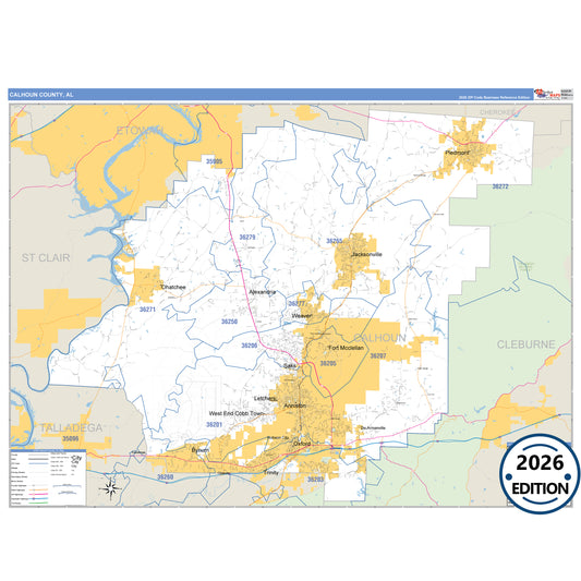Calhoun County, AL Business Reference 5 Digit ZIP Code Wall Map