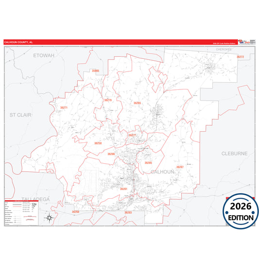 Calhoun County, AL Red Line 5 Digit ZIP Code Wall Map