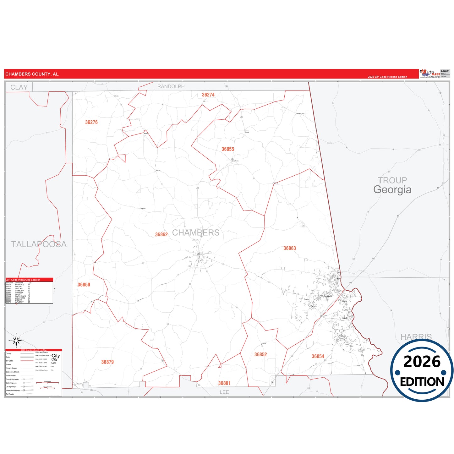 Chambers County, AL Red Line 5 Digit ZIP Code Wall Map