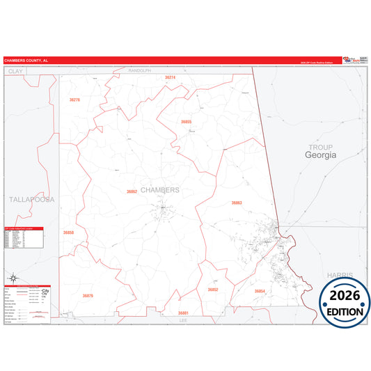 Chambers County, AL Red Line 5 Digit ZIP Code Wall Map