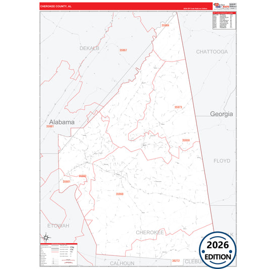 Cherokee County, AL Red Line 5 Digit ZIP Code Wall Map