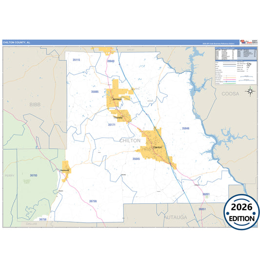 Chilton County, AL Business Reference 5 Digit ZIP Code Wall Map