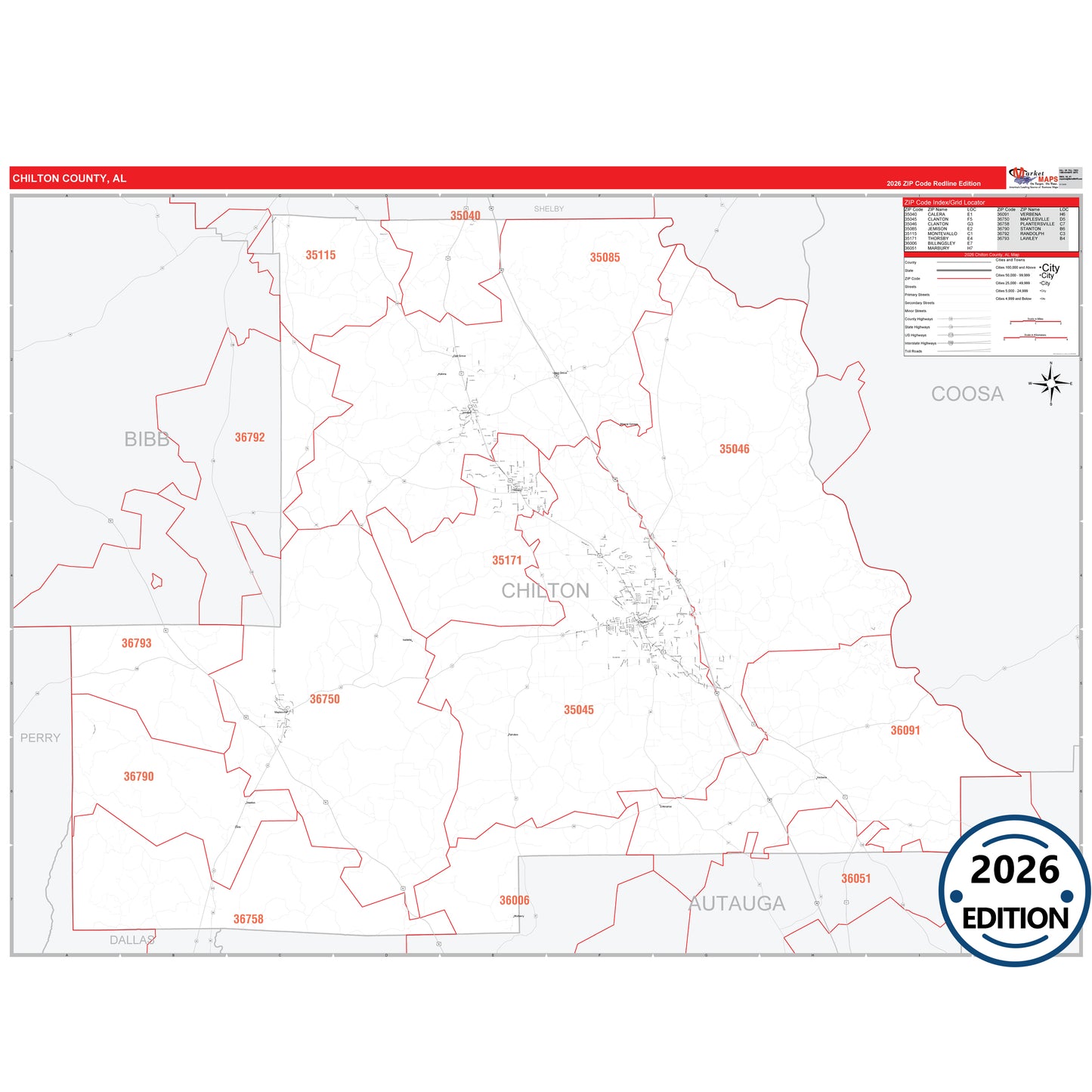 Chilton County, AL Red Line 5 Digit ZIP Code Wall Map