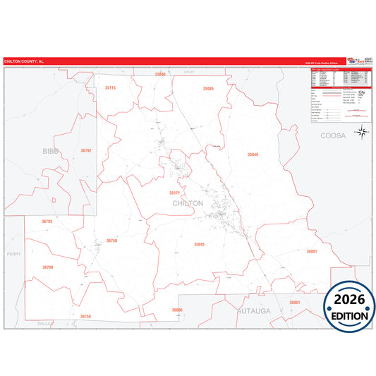 Chilton County, AL Red Line 5 Digit ZIP Code Wall Map