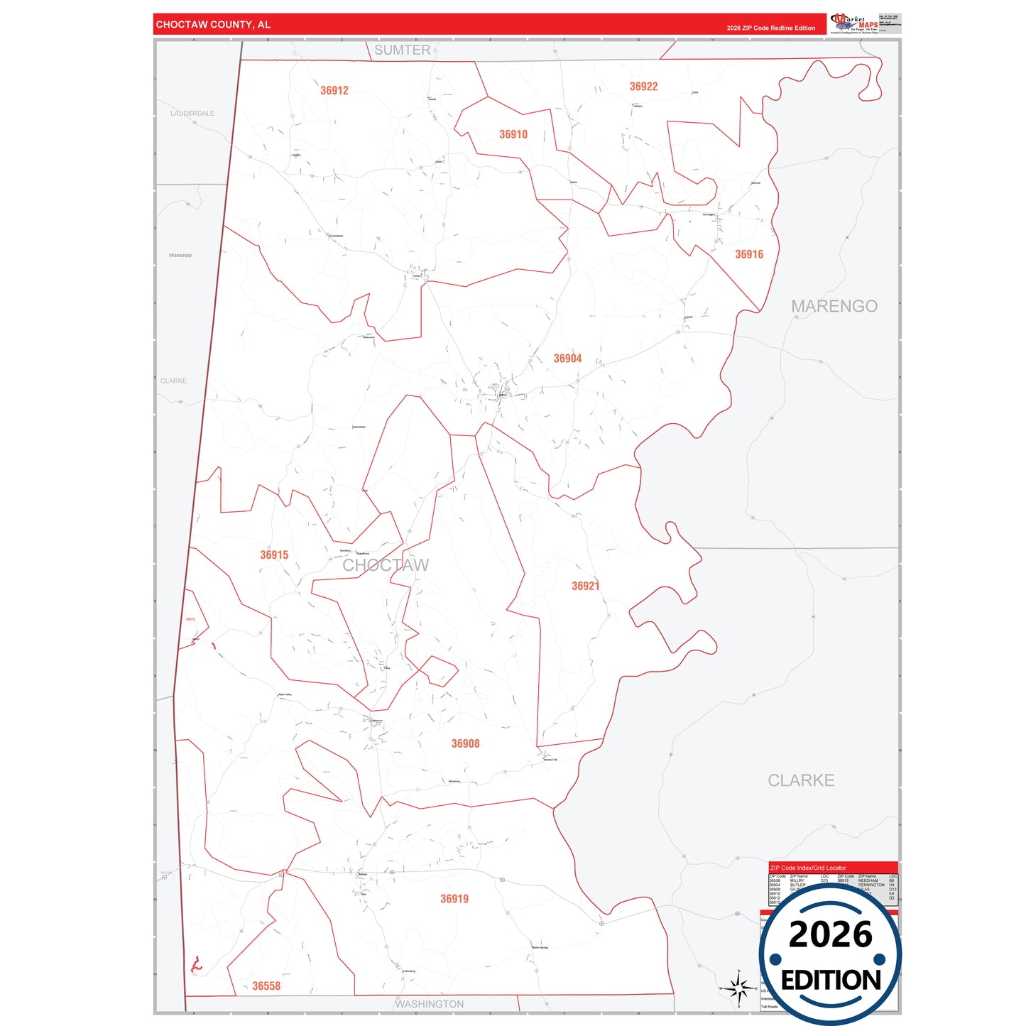 Choctaw County, AL Red Line 5 Digit ZIP Code Wall Map