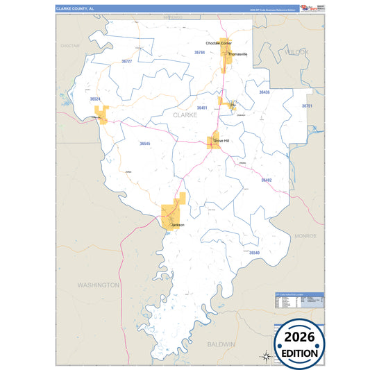 Clarke County, AL Business Reference 5 Digit ZIP Code Wall Map
