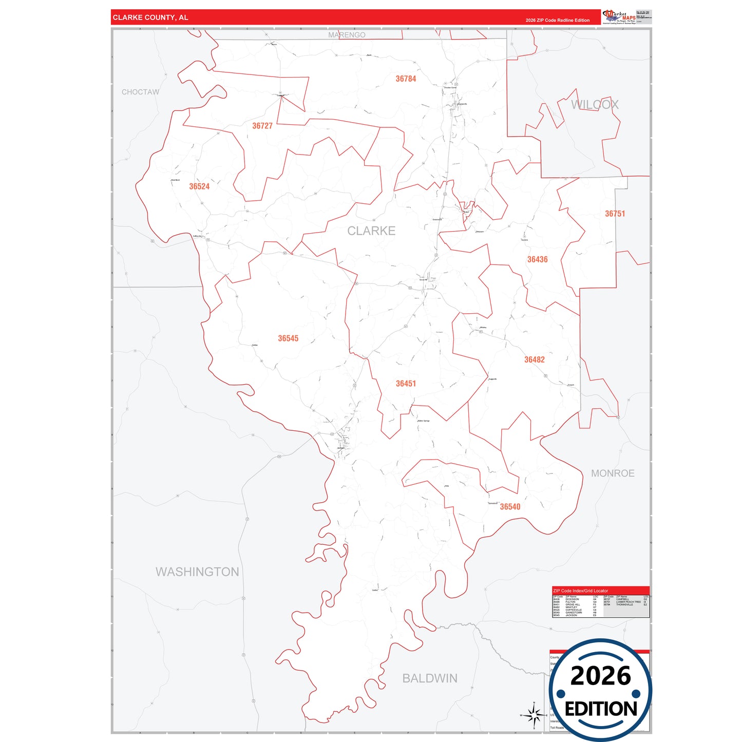 Clarke County, AL Red Line 5 Digit ZIP Code Wall Map