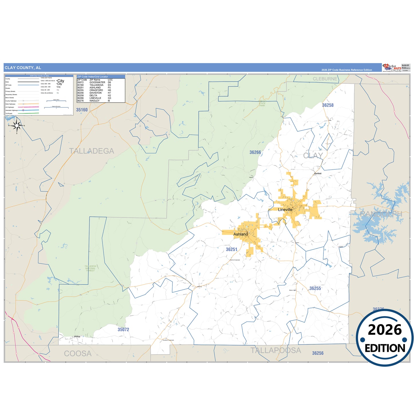 Clay County, AL Business Reference 5 Digit ZIP Code Wall Map