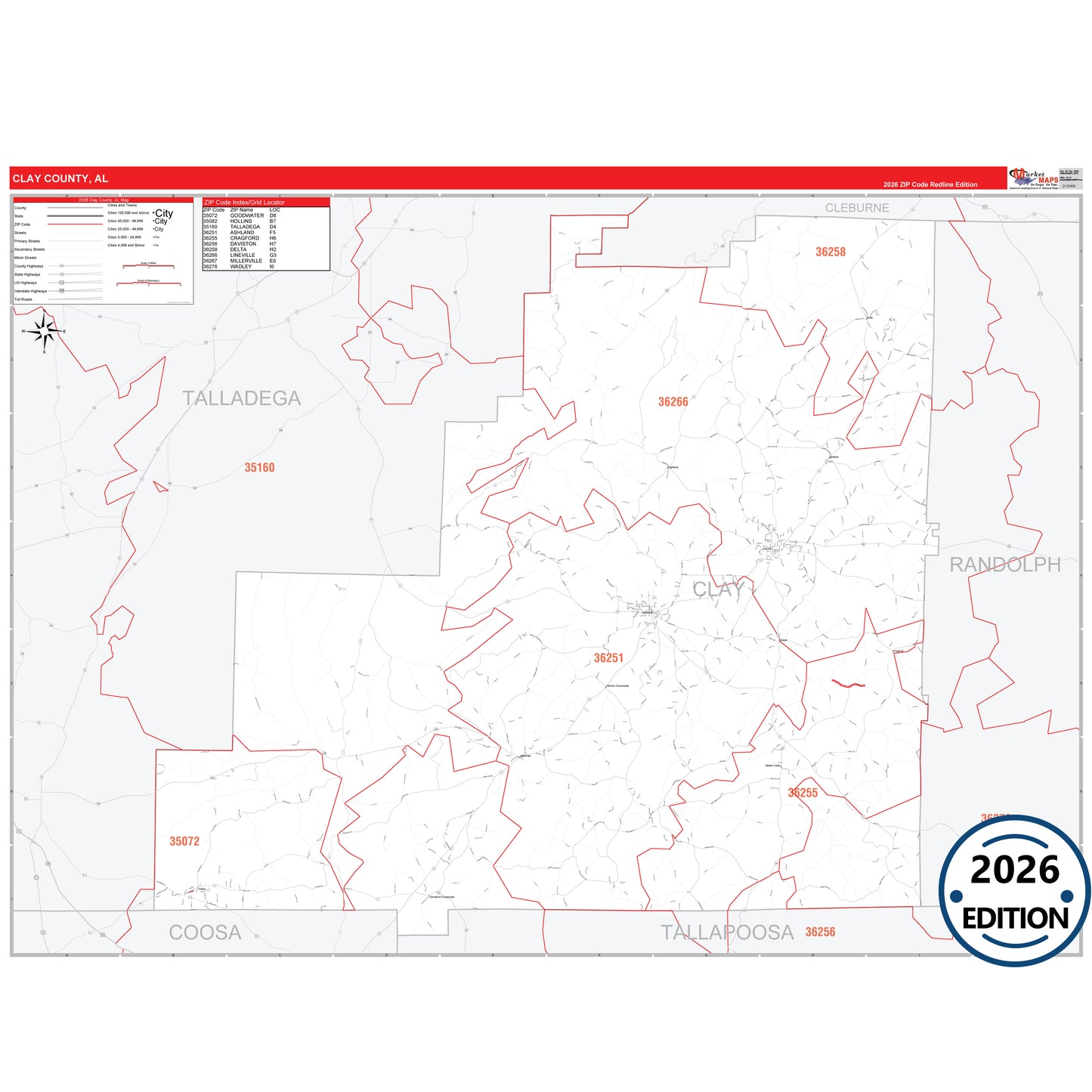 Clay County, AL Red Line 5 Digit ZIP Code Wall Map