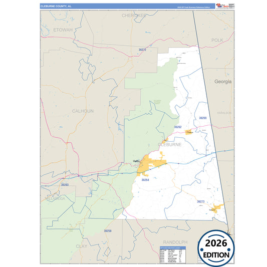 Cleburne County, AL Business Reference 5 Digit ZIP Code Wall Map