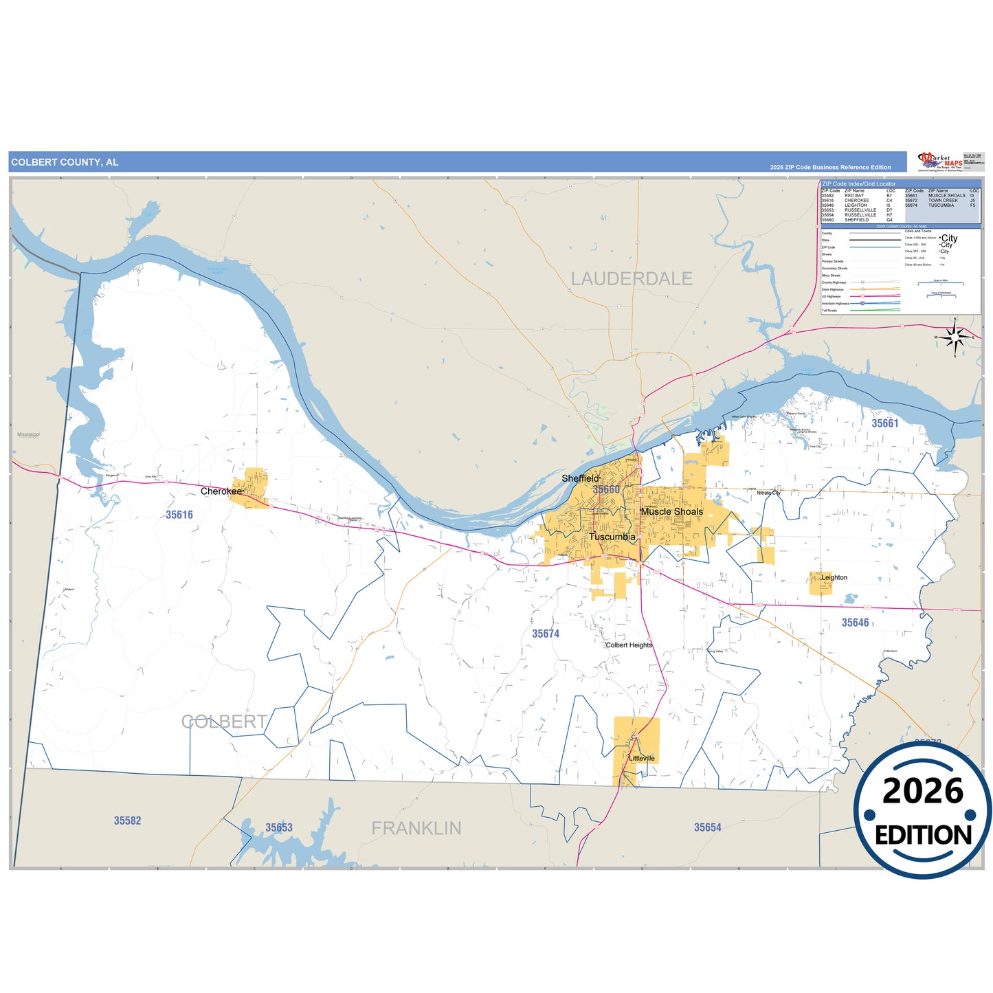 Colbert County, AL Business Reference 5 Digit ZIP Code Wall Map