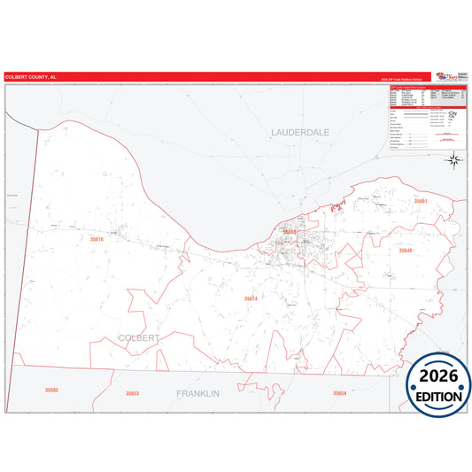 Colbert County, AL Red Line 5 Digit ZIP Code Wall Map