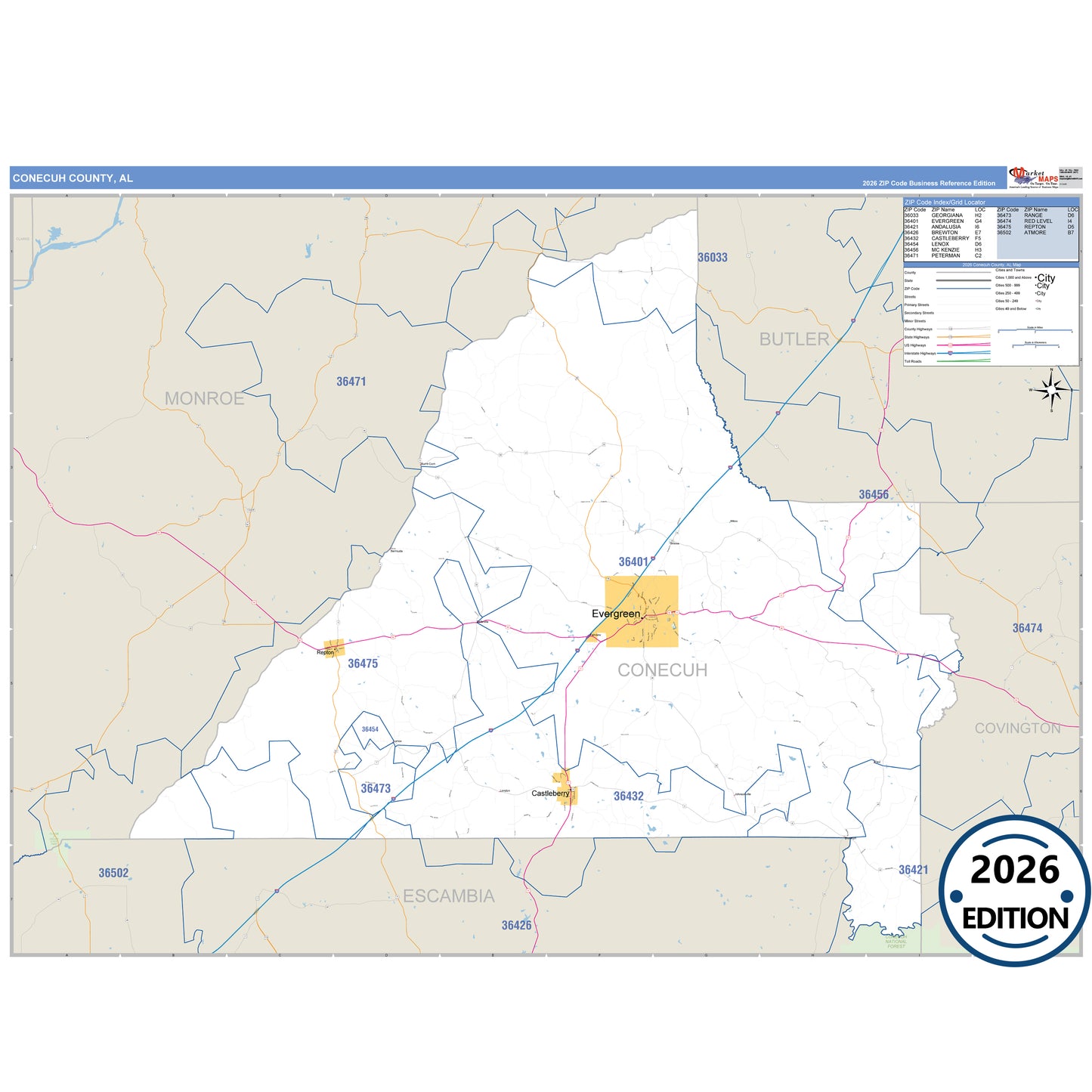 Conecuh County, AL Business Reference 5 Digit ZIP Code Wall Map