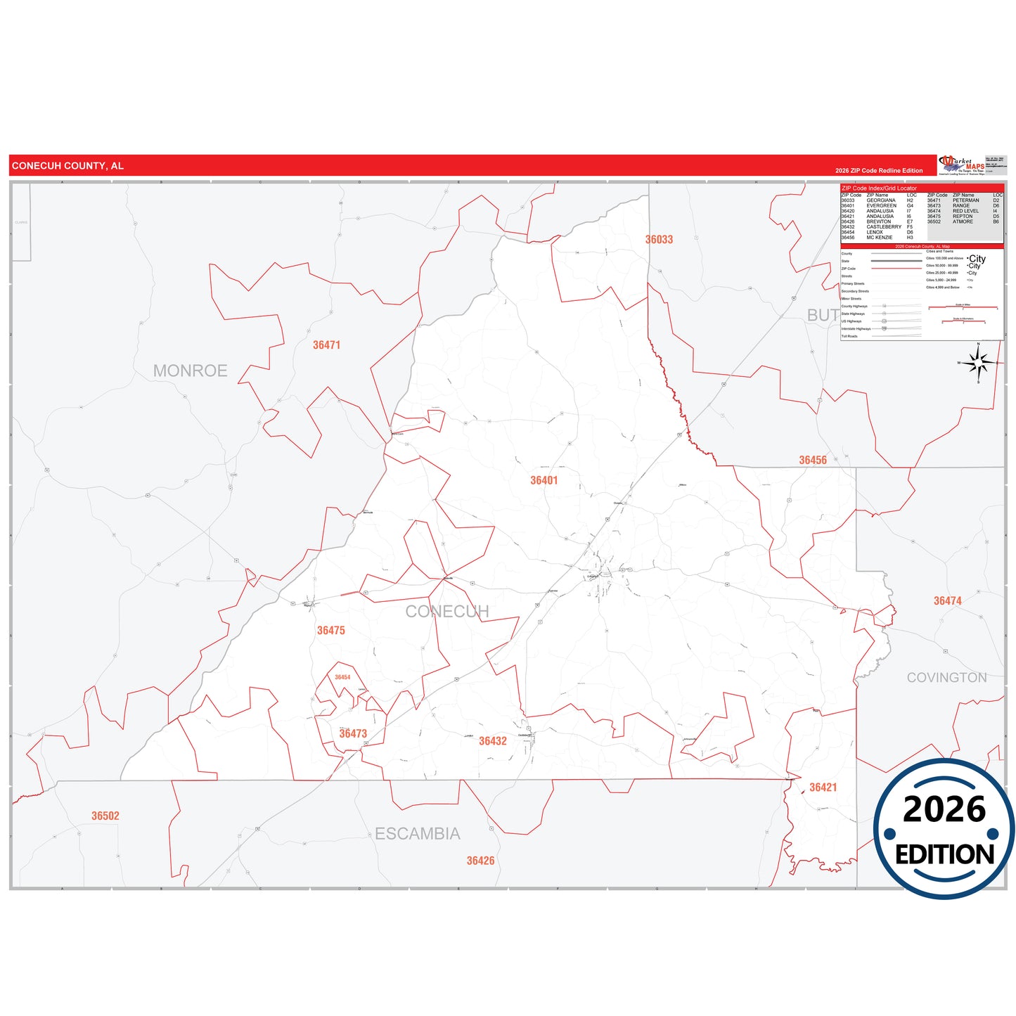 Conecuh County, AL Red Line 5 Digit ZIP Code Wall Map