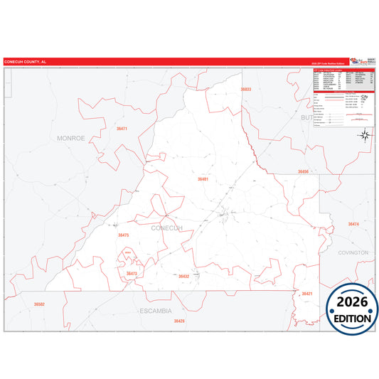 Conecuh County, AL Red Line 5 Digit ZIP Code Wall Map