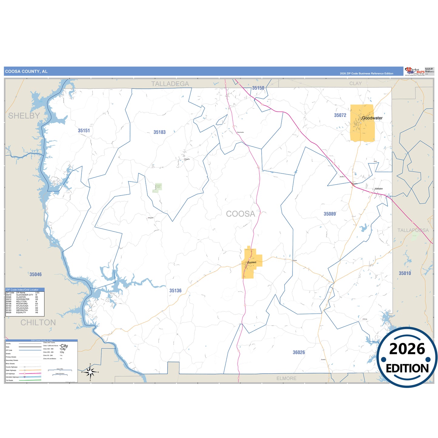 Coosa County, AL Business Reference 5 Digit ZIP Code Wall Map