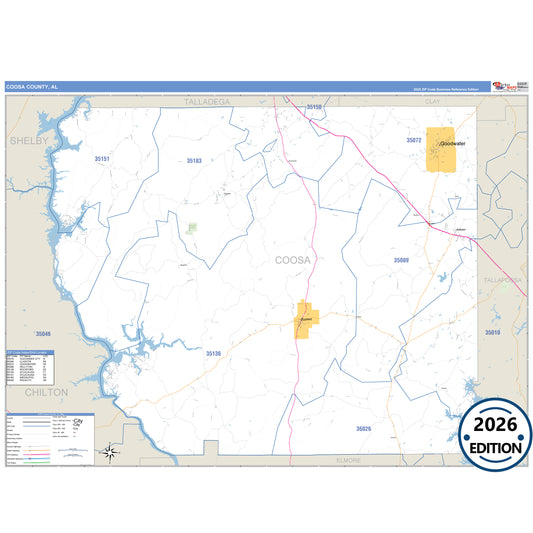Coosa County, AL Business Reference 5 Digit ZIP Code Wall Map