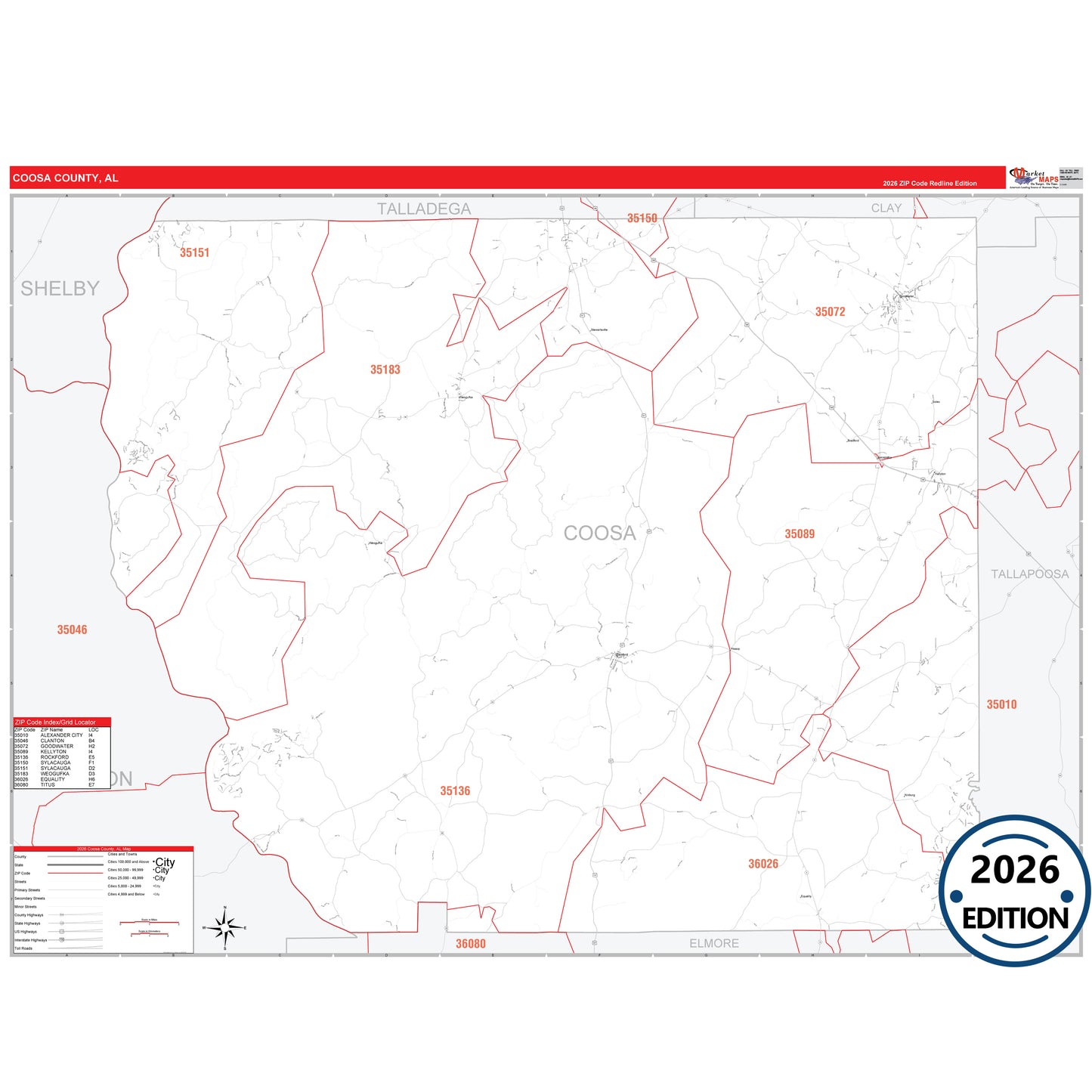 Coosa County, AL Red Line 5 Digit ZIP Code Wall Map