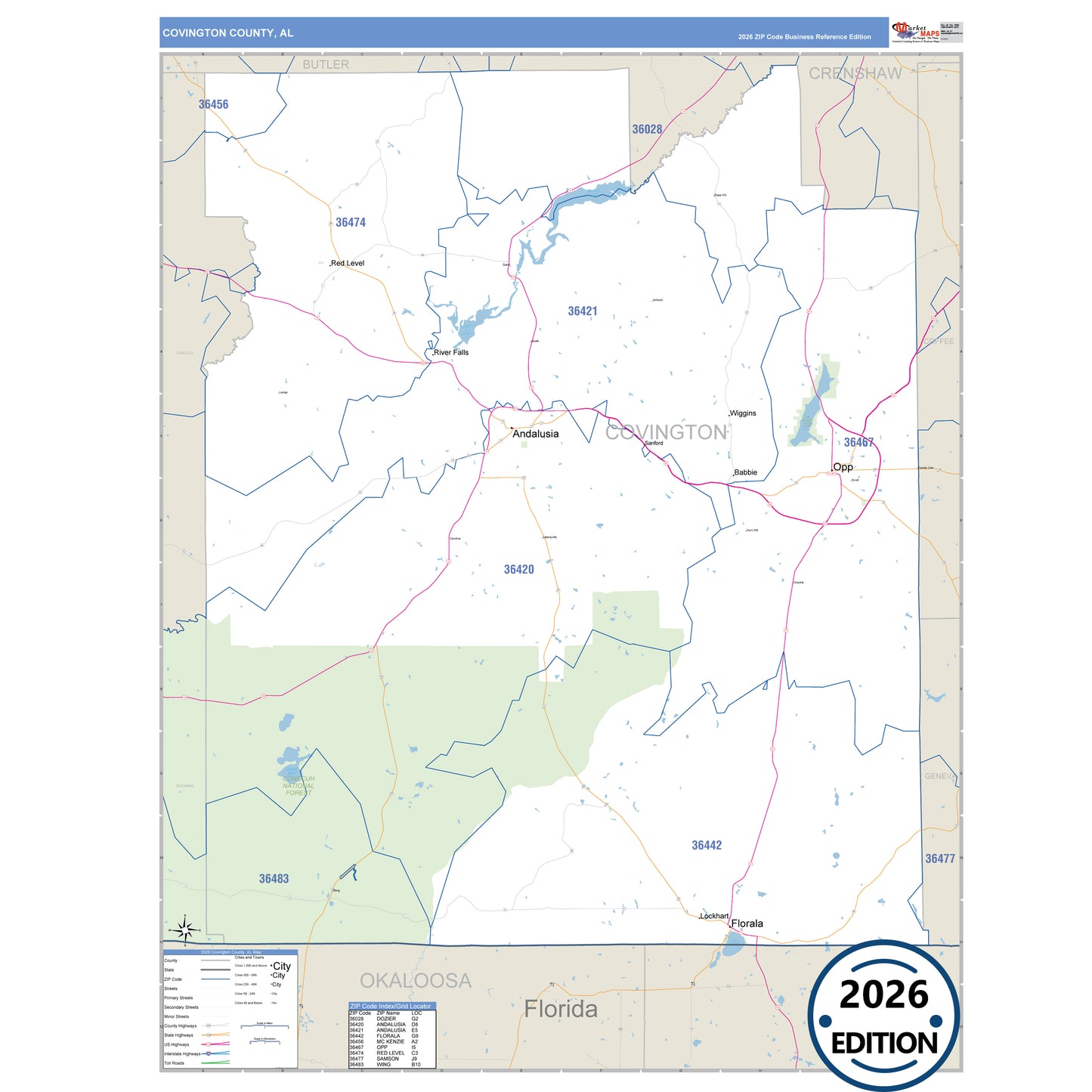 Covington County, AL Business Reference 5 Digit ZIP Code Wall Map