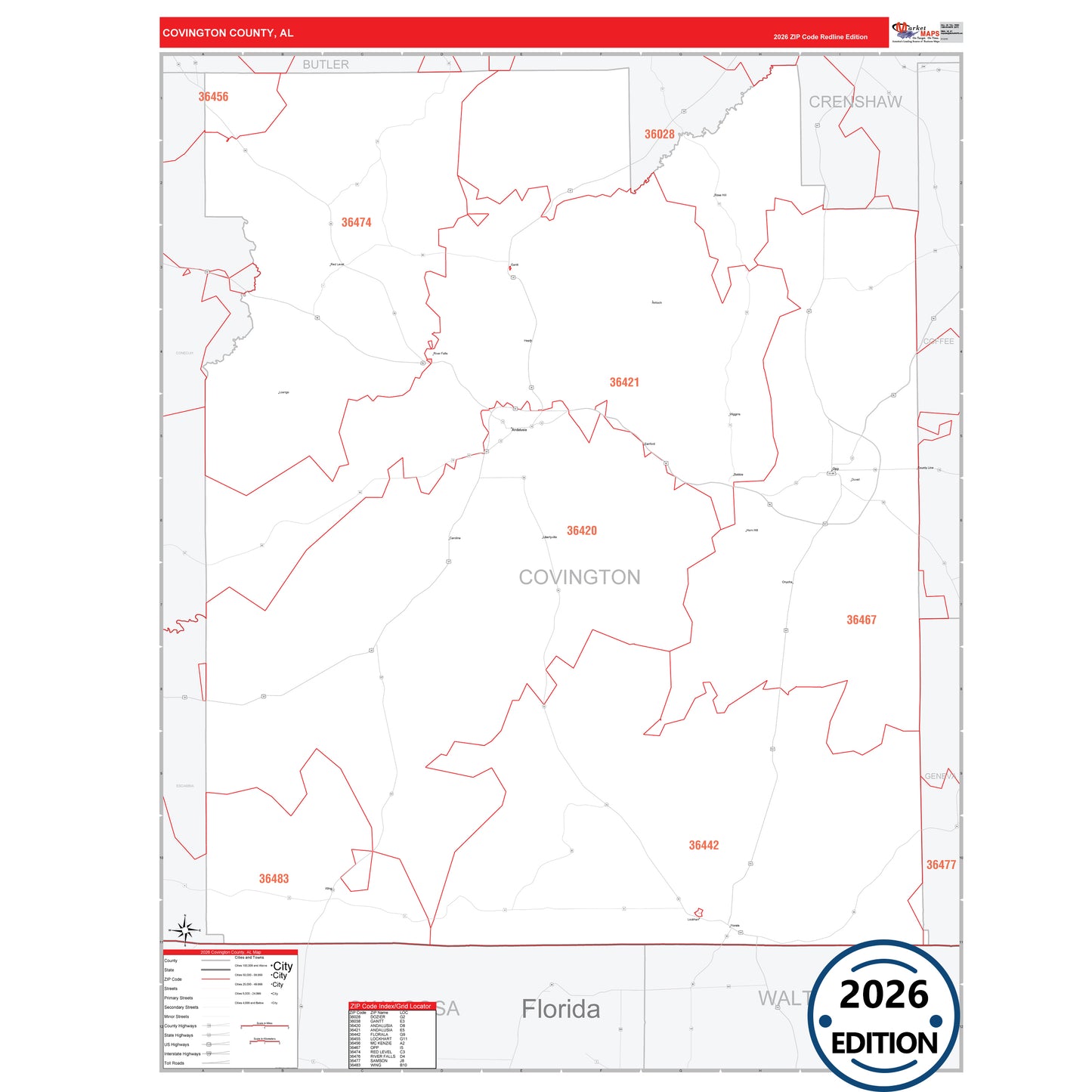 Covington County, AL Red Line 5 Digit ZIP Code Wall Map