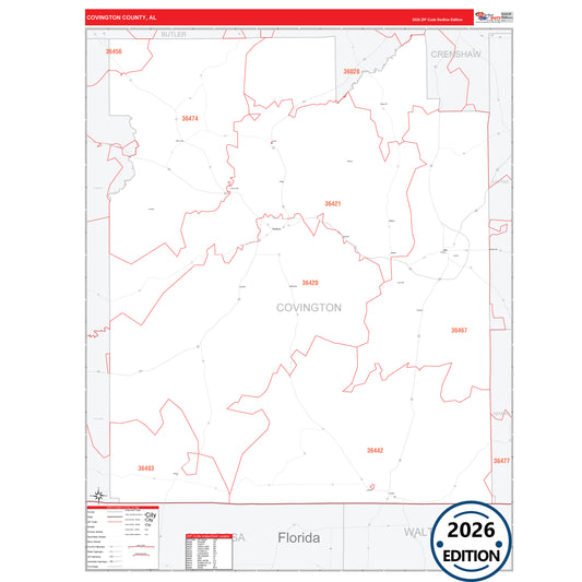 Covington County, AL Red Line 5 Digit ZIP Code Wall Map