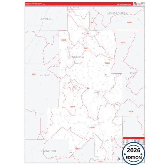 Crenshaw County, AL Red Line 5 Digit ZIP Code Wall Map
