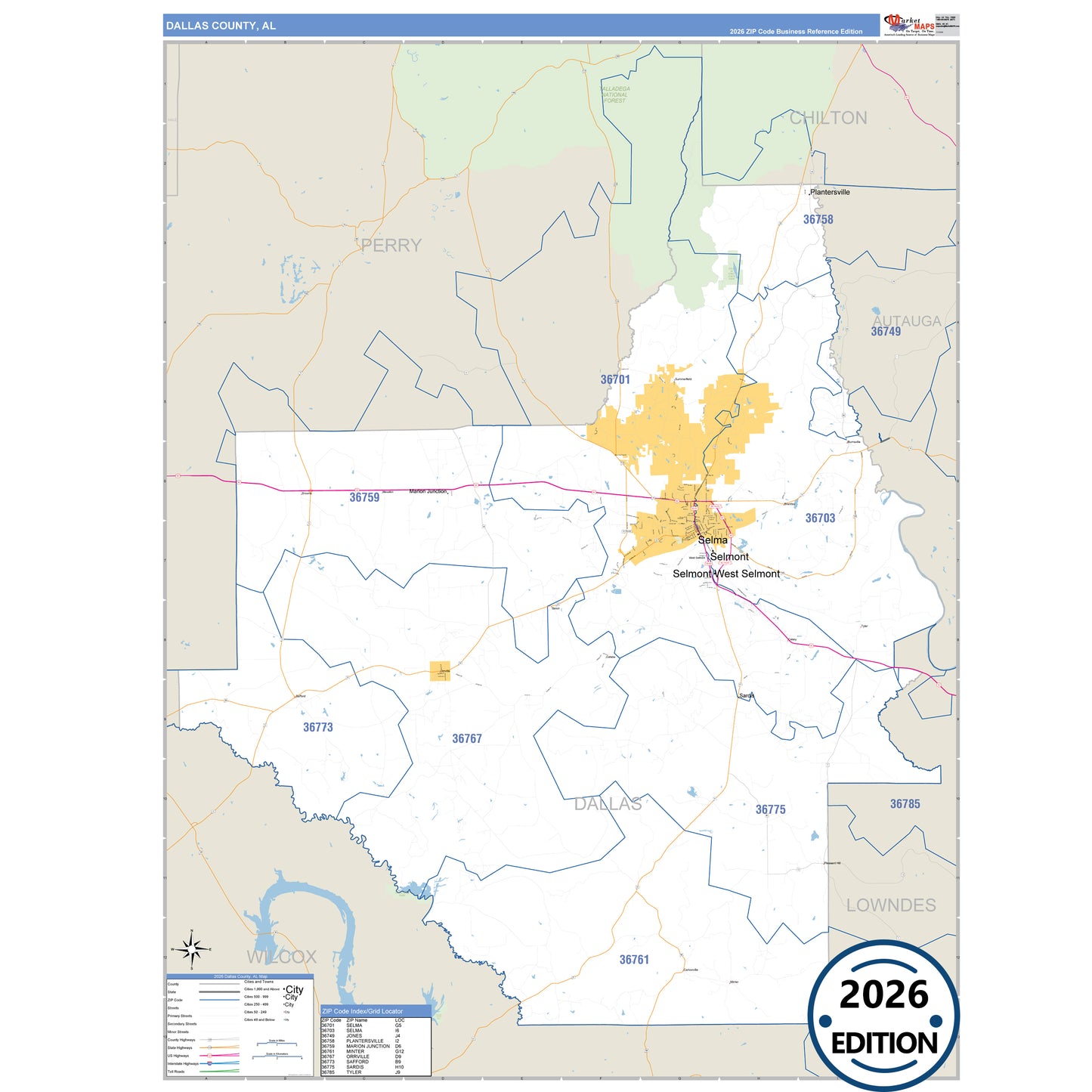 Dallas County, AL Business Reference 5 Digit ZIP Code Wall Map