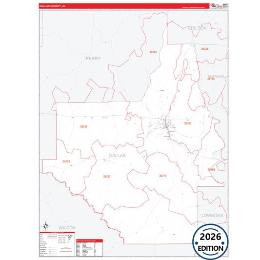 Dallas County, AL Red Line 5 Digit ZIP Code Wall Map