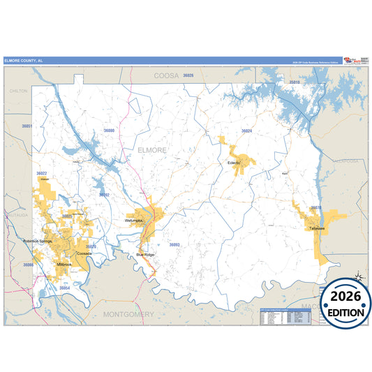 Elmore County, AL Business Reference 5 Digit ZIP Code Wall Map