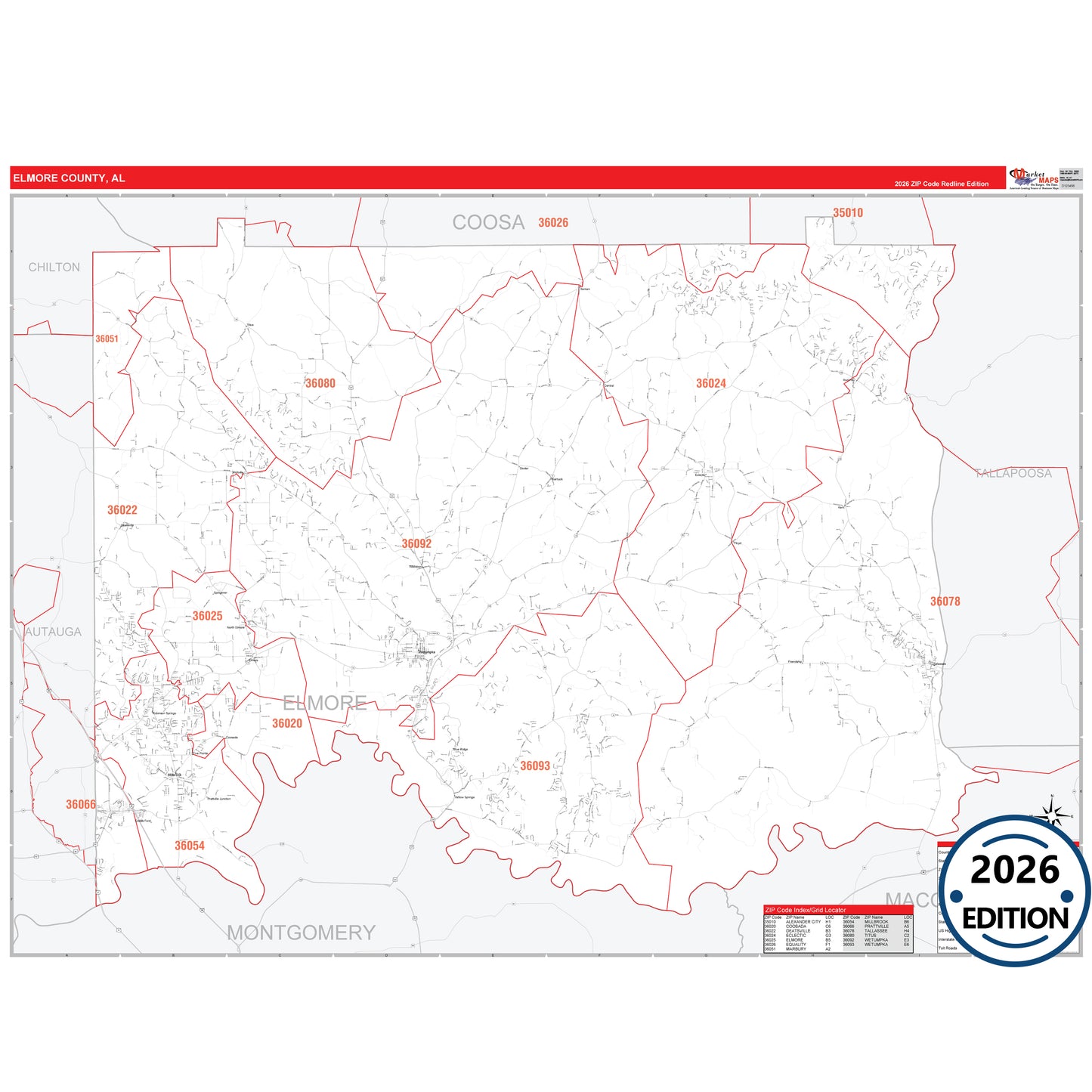 Elmore County, AL Red Line 5 Digit ZIP Code Wall Map