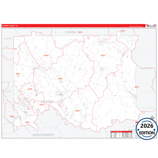 Elmore County, AL Red Line 5 Digit ZIP Code Wall Map
