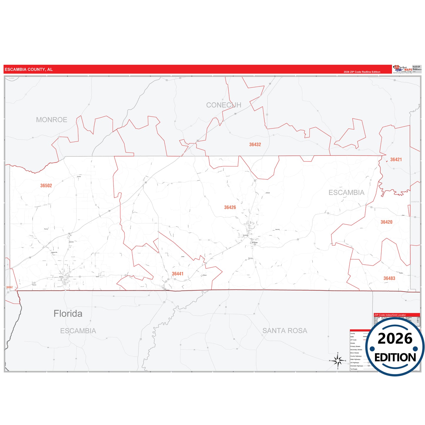Escambia County, AL Red Line 5 Digit ZIP Code Wall Map