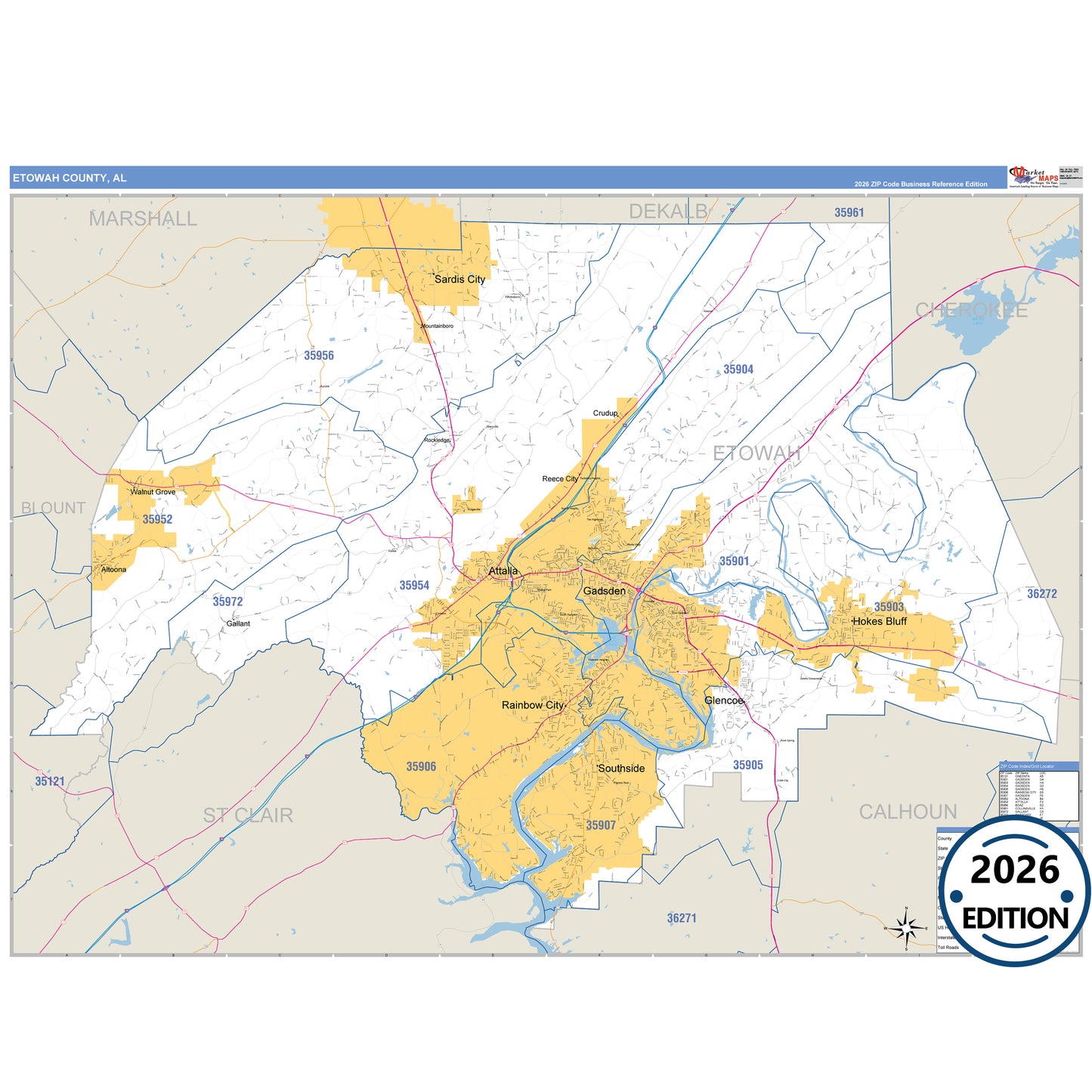Etowah County, AL Business Reference 5 Digit ZIP Code Wall Map