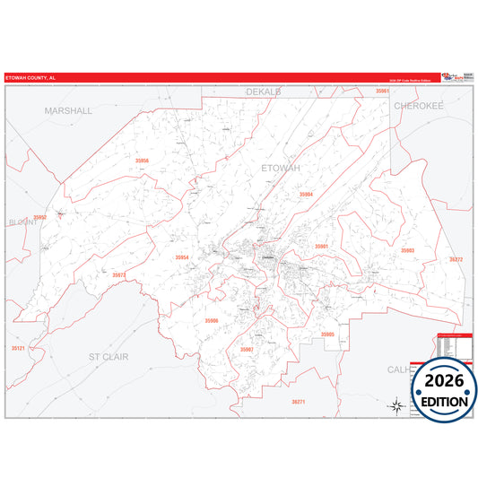 Etowah County, AL Red Line 5 Digit ZIP Code Wall Map