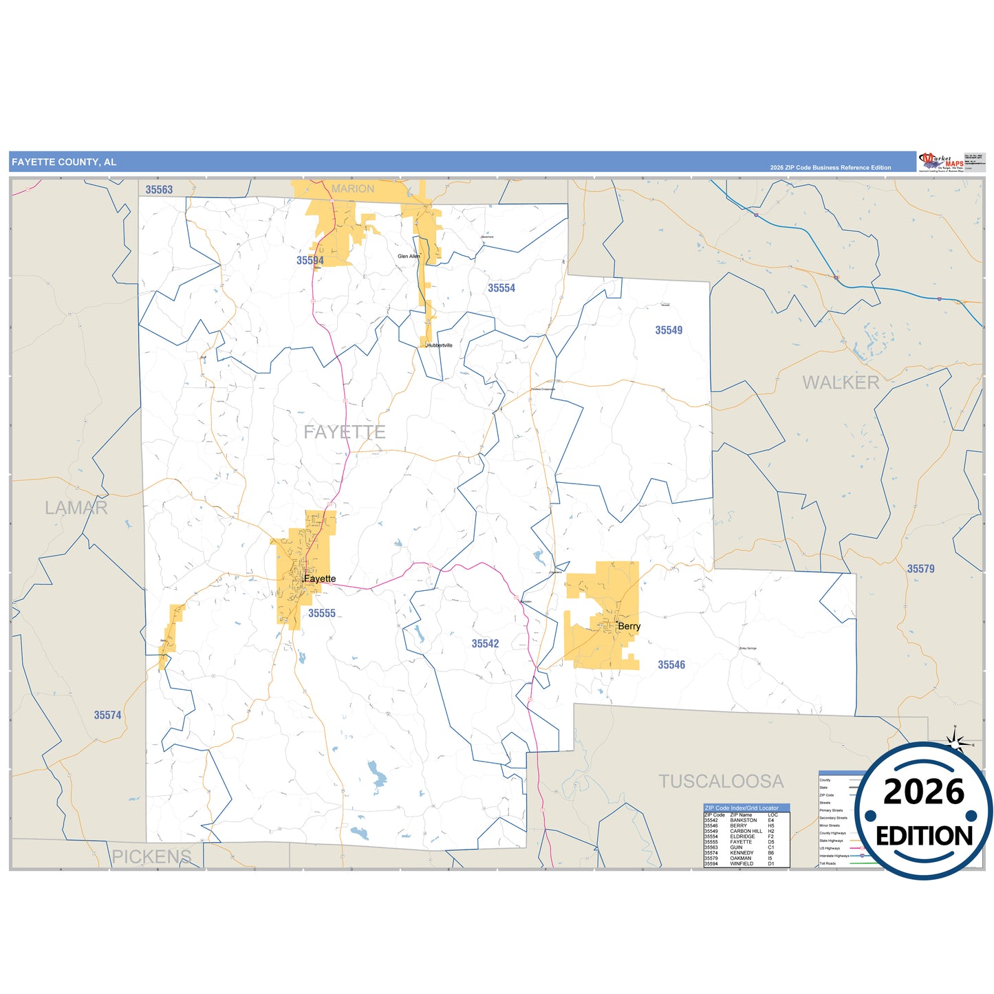 Fayette County, AL Business Reference 5 Digit ZIP Code Wall Map