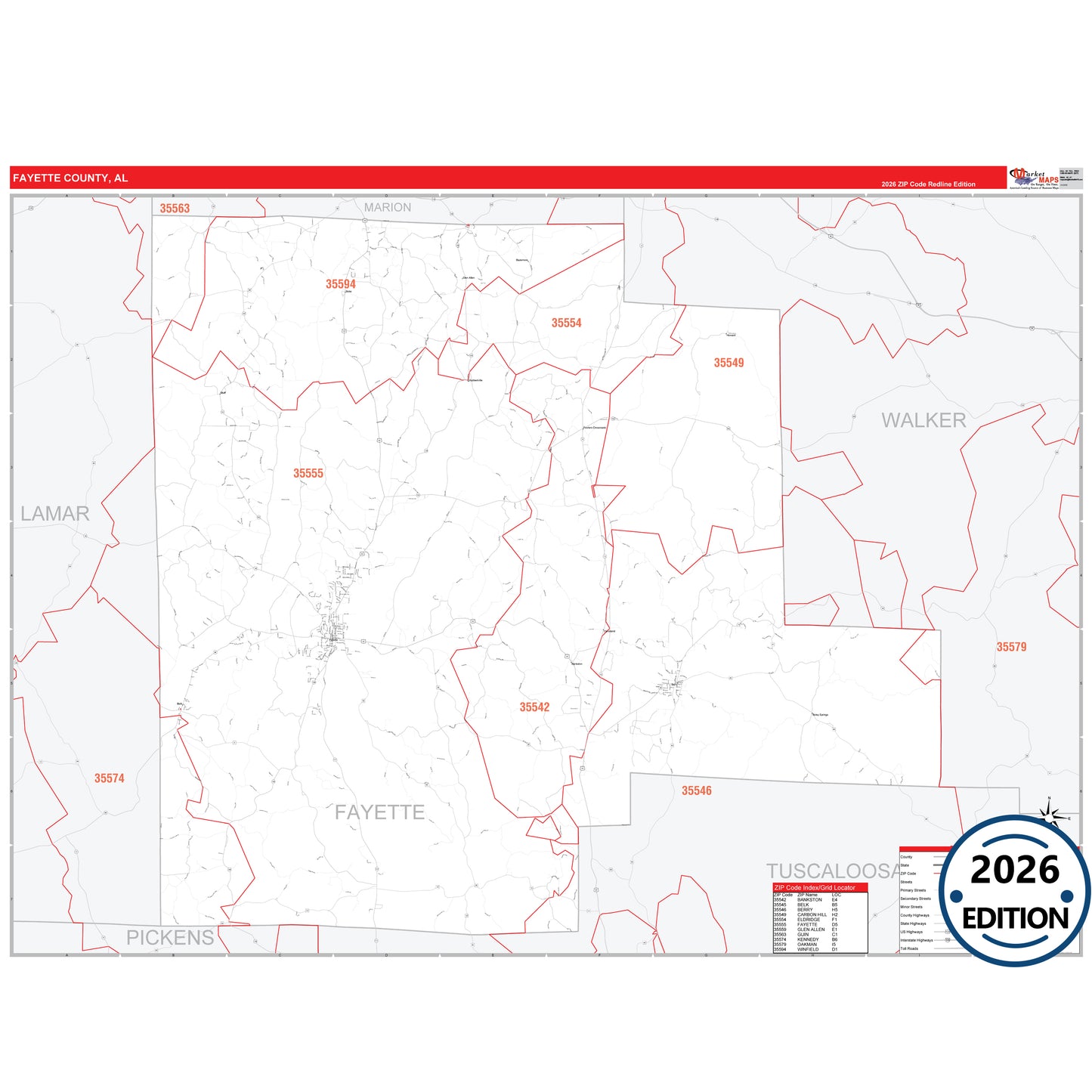 Fayette County, AL Red Line 5 Digit ZIP Code Wall Map