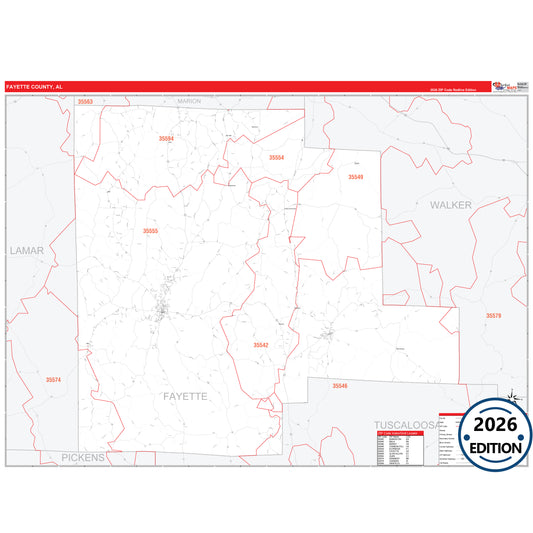 Fayette County, AL Red Line 5 Digit ZIP Code Wall Map