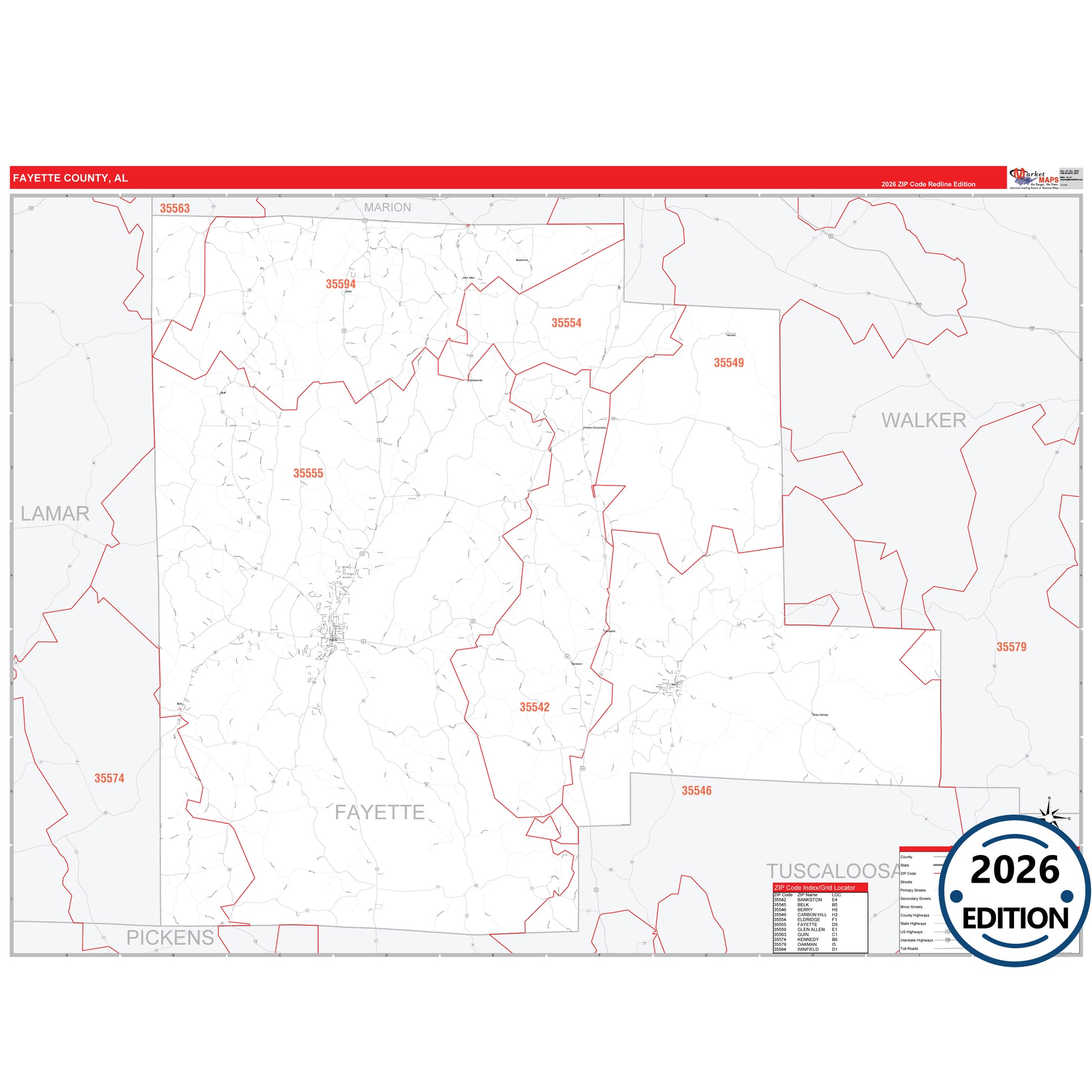 Fayette County, AL Red Line map with detailed roads, cities, and ZIP code boundaries.