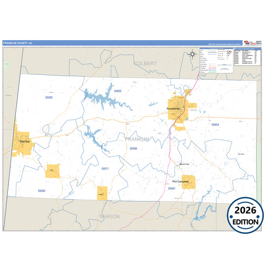 Franklin County, AL Business Reference 5 Digit ZIP Code Wall Map