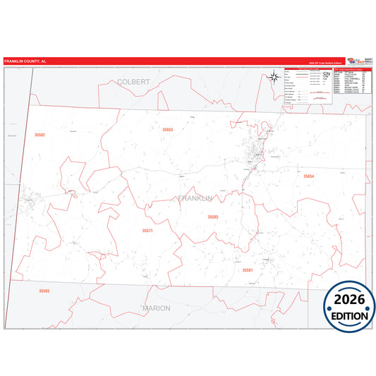 Franklin County, AL Red Line 5 Digit ZIP Code Wall Map