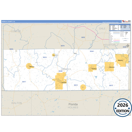 Geneva County, AL Business Reference 5 Digit ZIP Code Wall Map