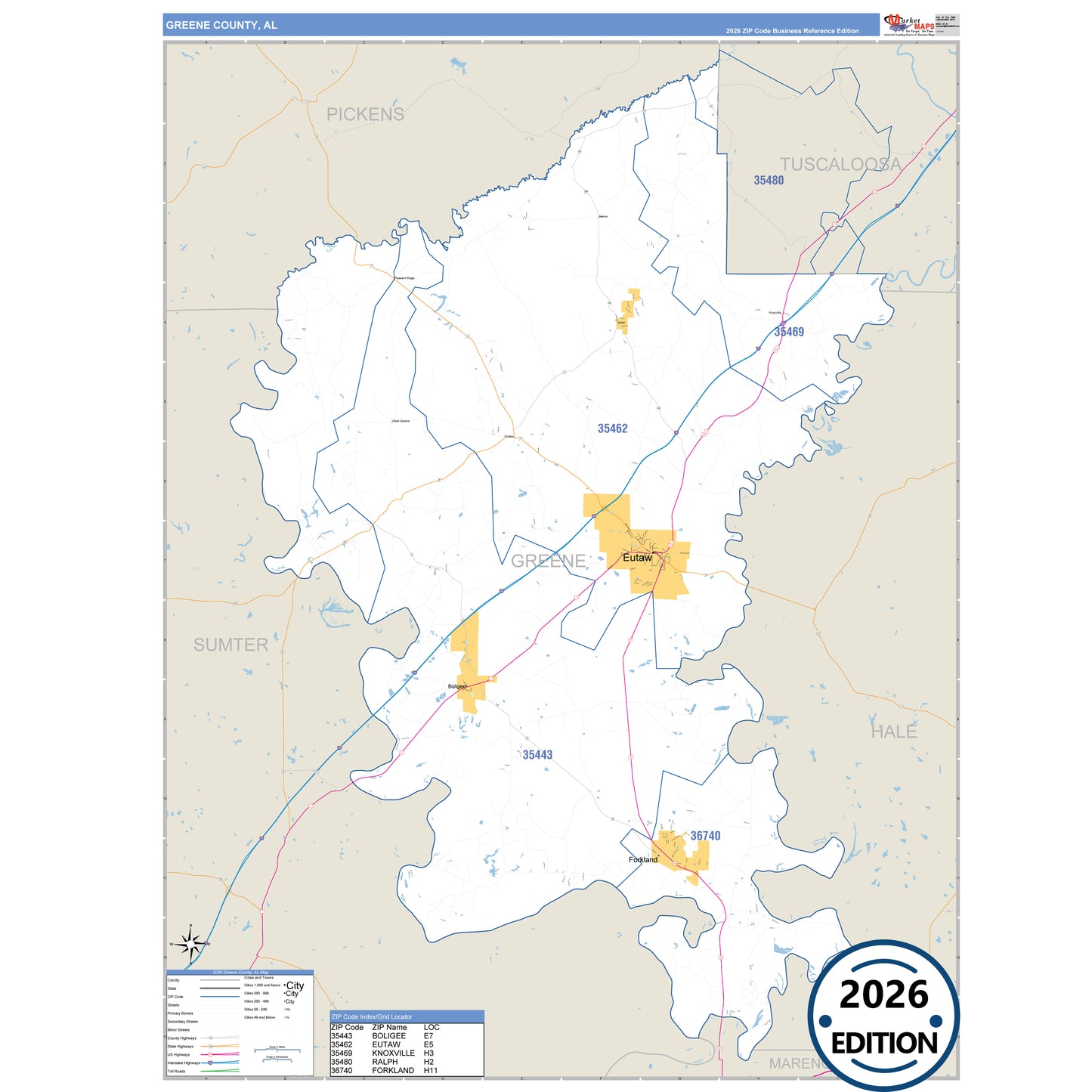 Greene County, AL Business Reference 5 Digit ZIP Code Wall Map
