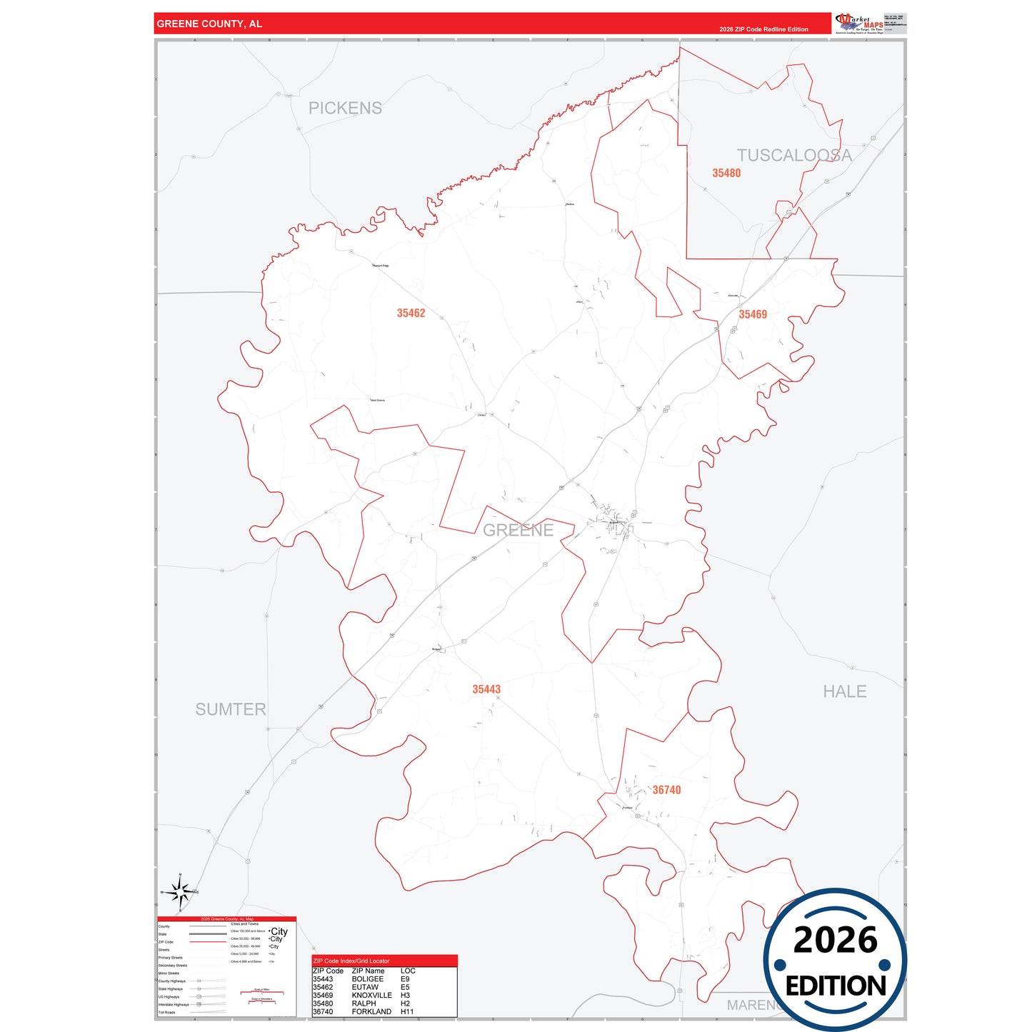 Greene County, AL Red Line 5 Digit ZIP Code Wall Map