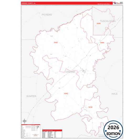 Greene County, AL Red Line 5 Digit ZIP Code Wall Map