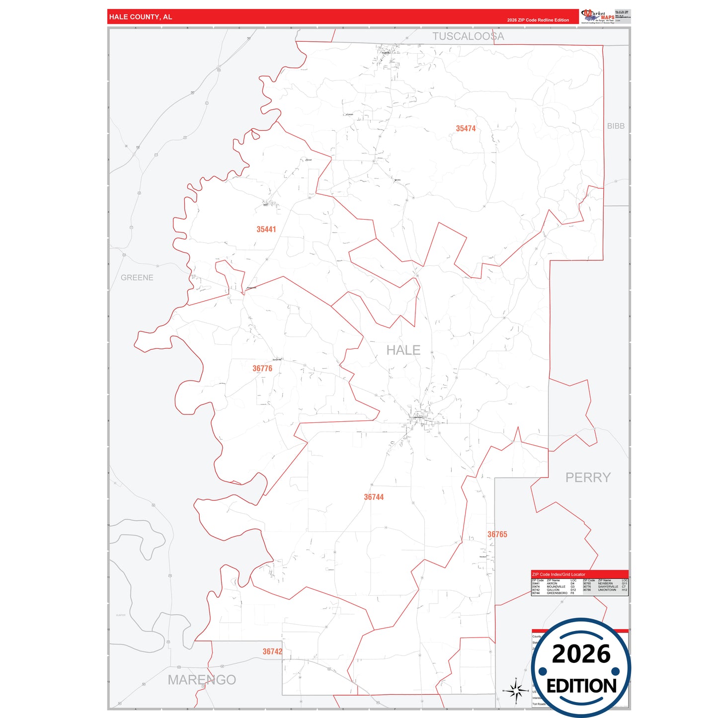 Hale County, AL Red Line 5 Digit ZIP Code Wall Map