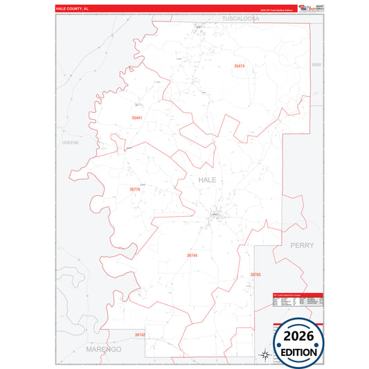 Hale County, AL Red Line 5 Digit ZIP Code Wall Map