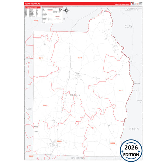 Henry County, AL Red Line 5 Digit ZIP Code Wall Map